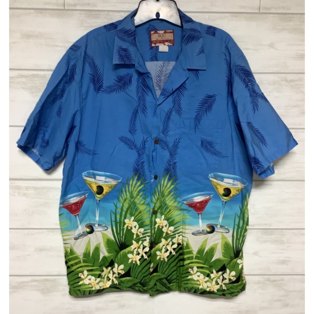 VTG RJC Hawaiian Mens XL Martini Cocktails Blue Floral Print Button Shirt USA